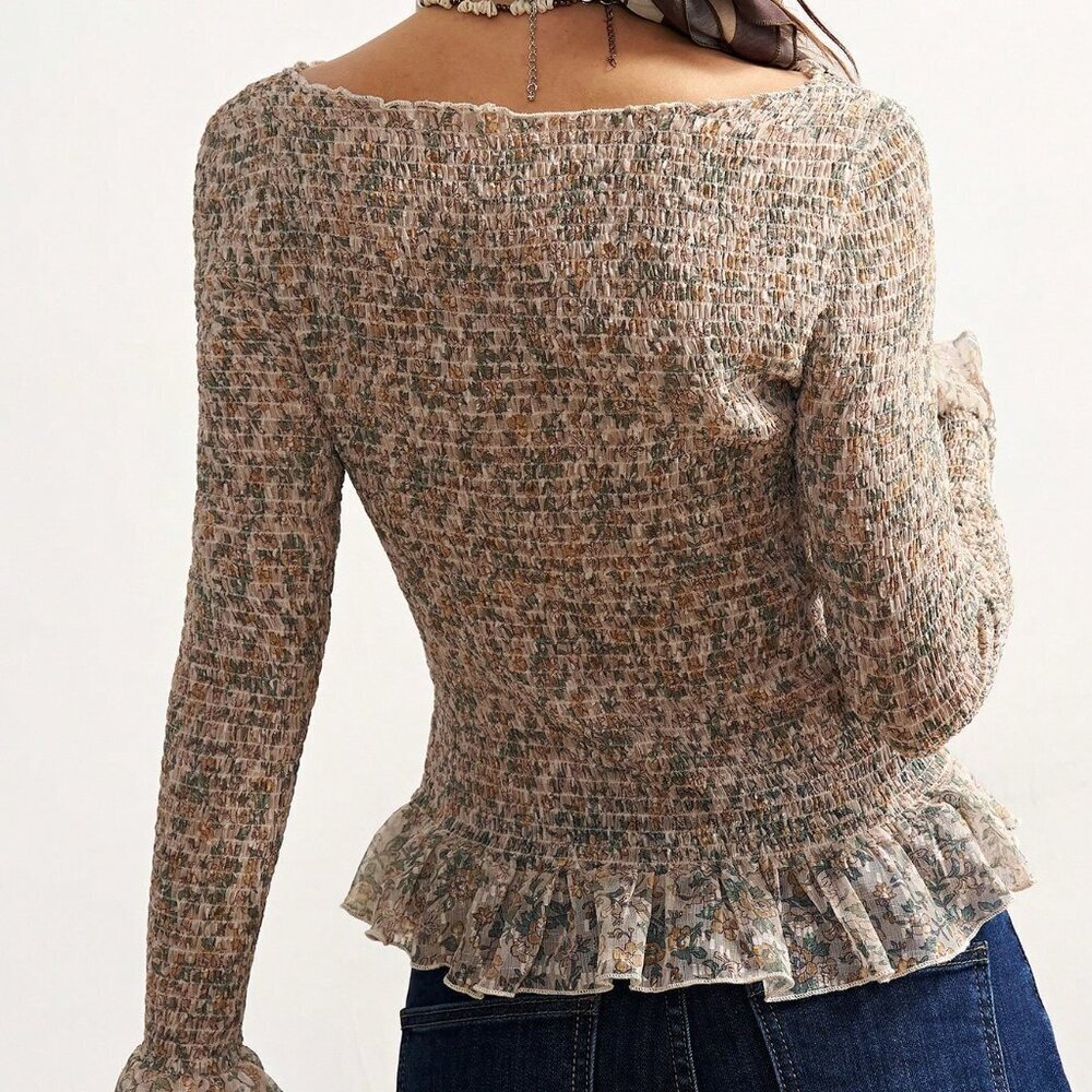 Yellow Casual Women's Printed Round Neck Long Sleeve Blouse - Picture 2 of 8